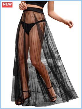 Sheer Mesh Flowy High Waist A Line Long Maxi Skirt